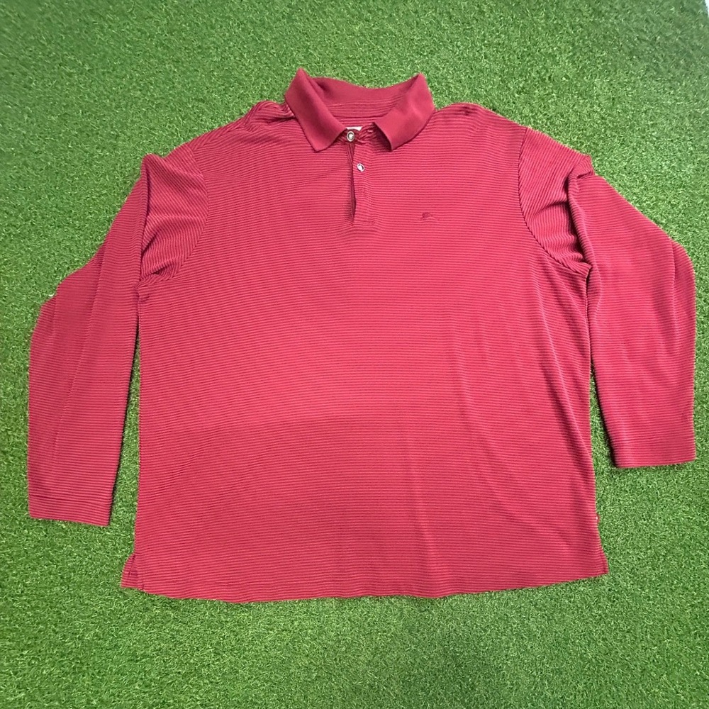 Tommy Bahama Mens XXL Red Striped Long Sleeve Polo Shirt Modal Blend Marlin Logo